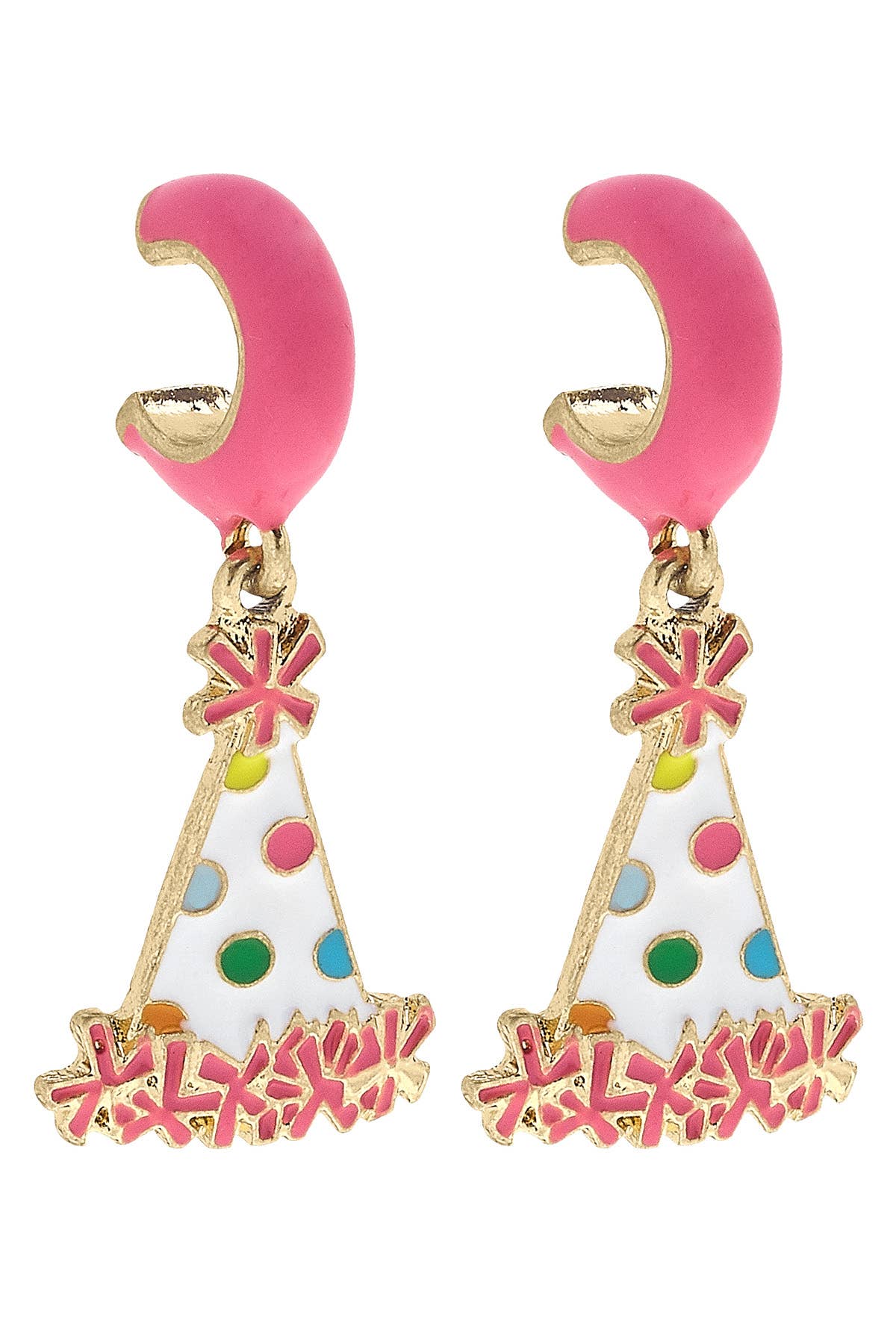 Polka Dot Enamel Party Hat Huggie Hoop Earrings in Pink