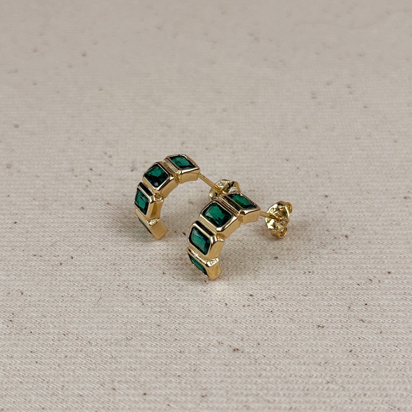 18k Gold Filled Chunky CZ Curve Earrings: Emerald