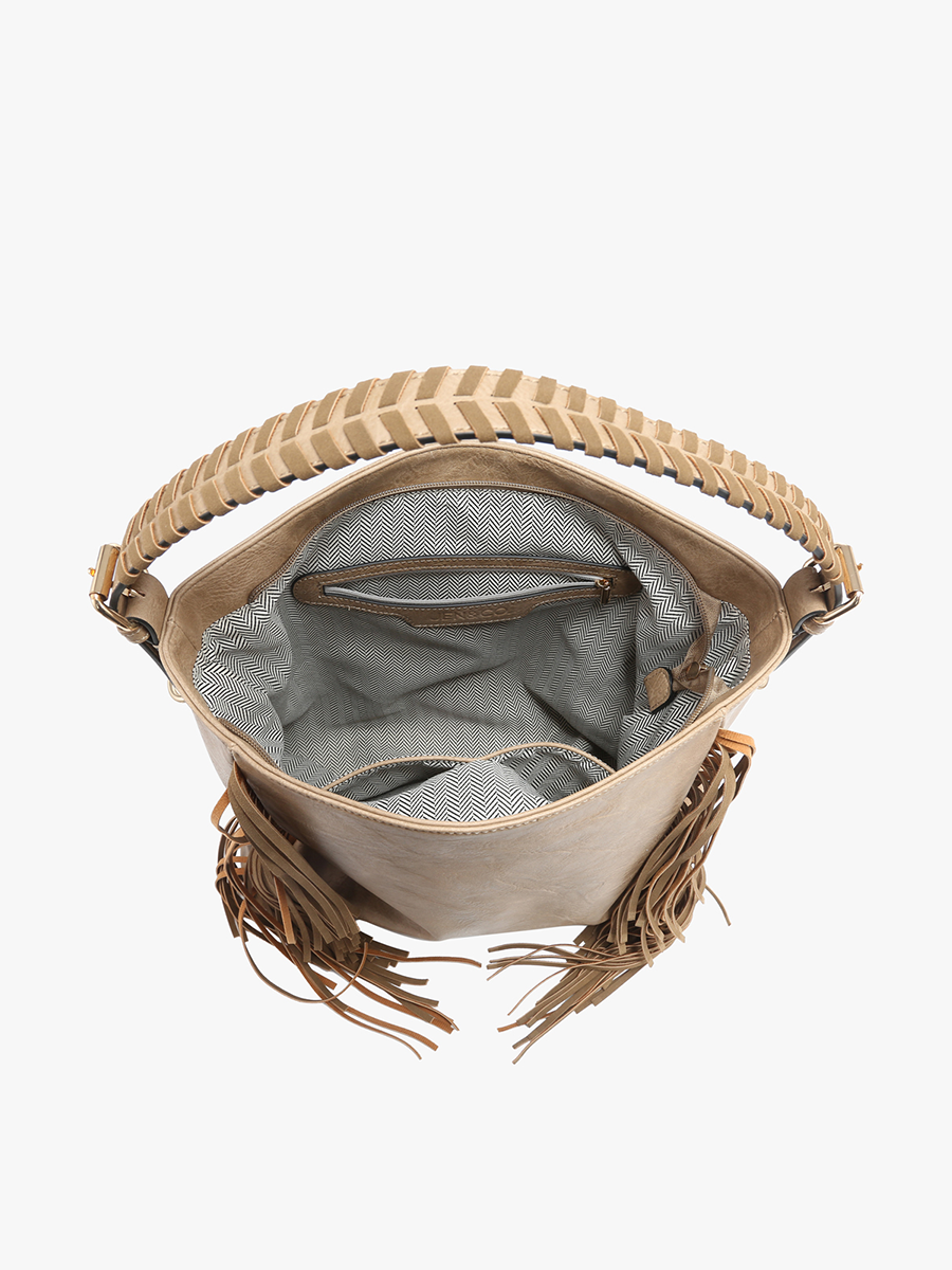Sav Distressed Hobo Bag w/ Fringe Detail: Taupe