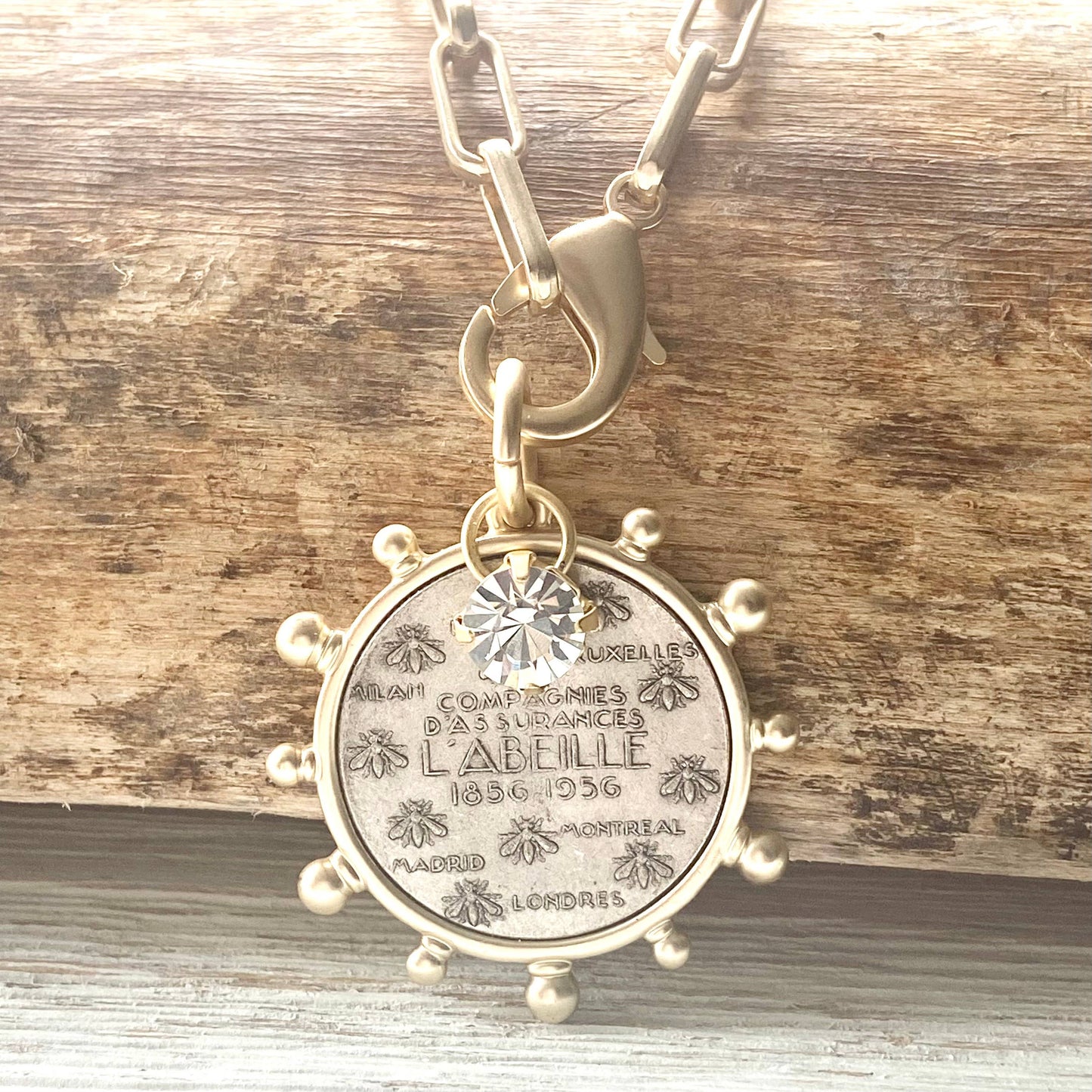 Matte Gold French Bee Coin Medallion Boutique Jewelry Kande: 20”
