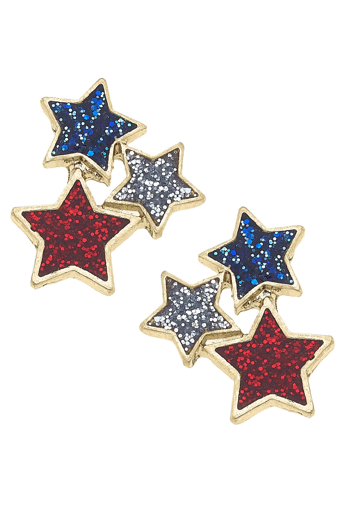 Triple Glitter Star Stud Earrings in Red, Silver, & Blue
