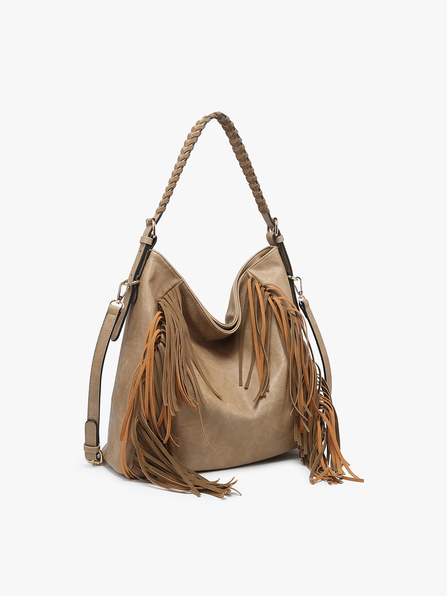 Sav Distressed Hobo Bag w/ Fringe Detail: Taupe