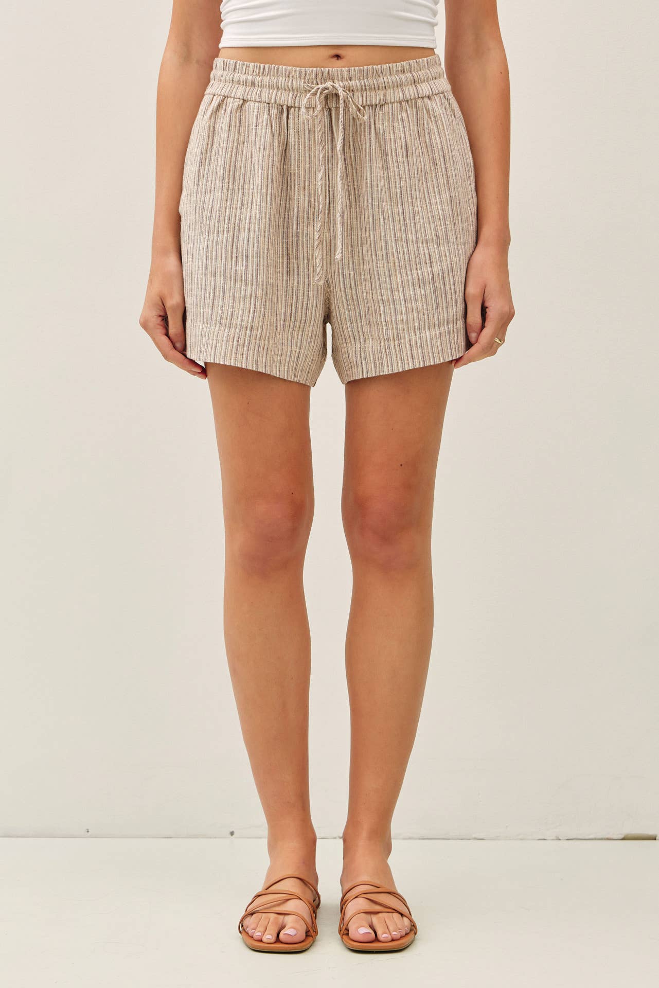 Linen Blend Striped Shorts in Brown