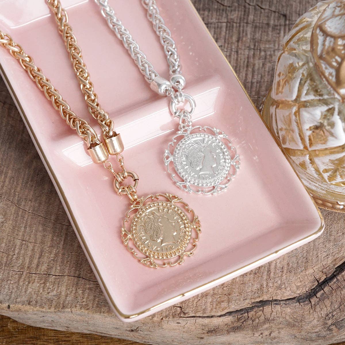 Heirloom Reverie – Ornate Coin Pendant Necklace: Worn Silver Tone