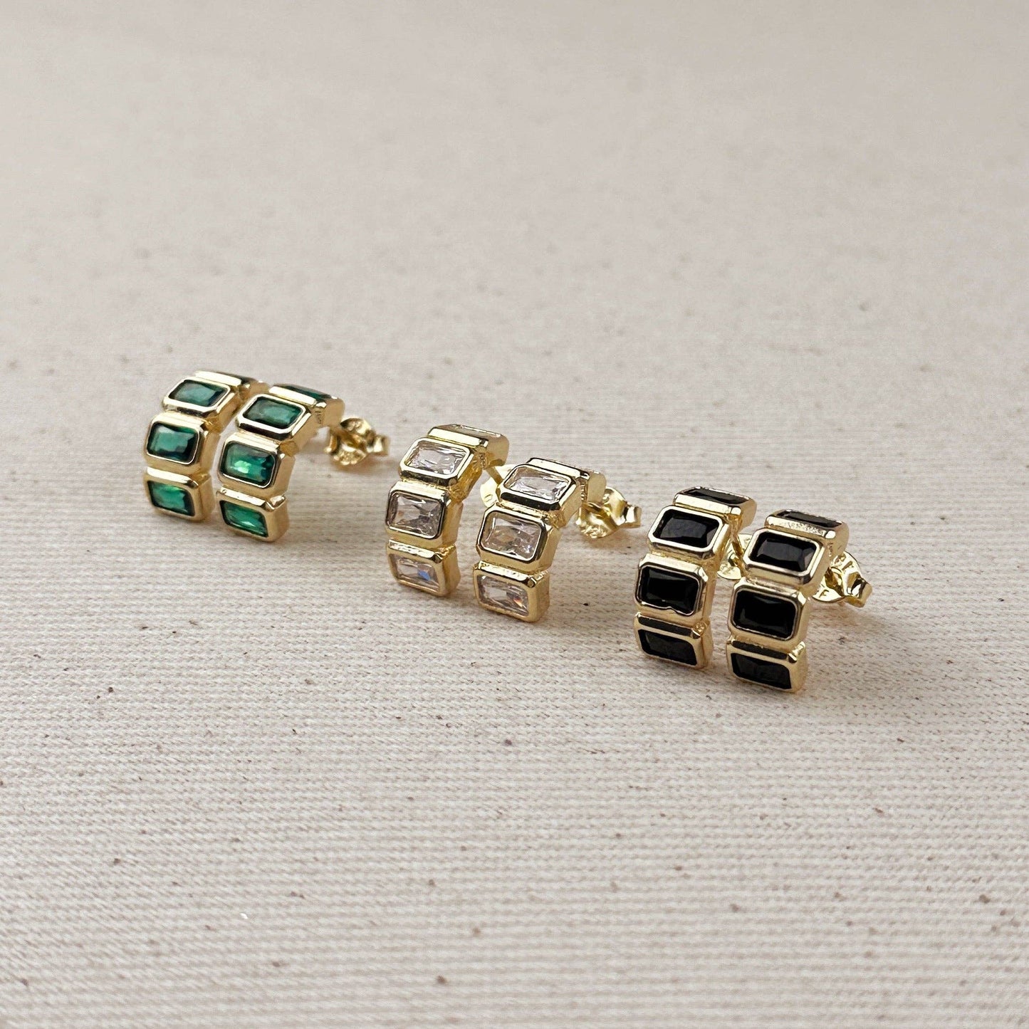 18k Gold Filled Chunky CZ Curve Earrings: Emerald
