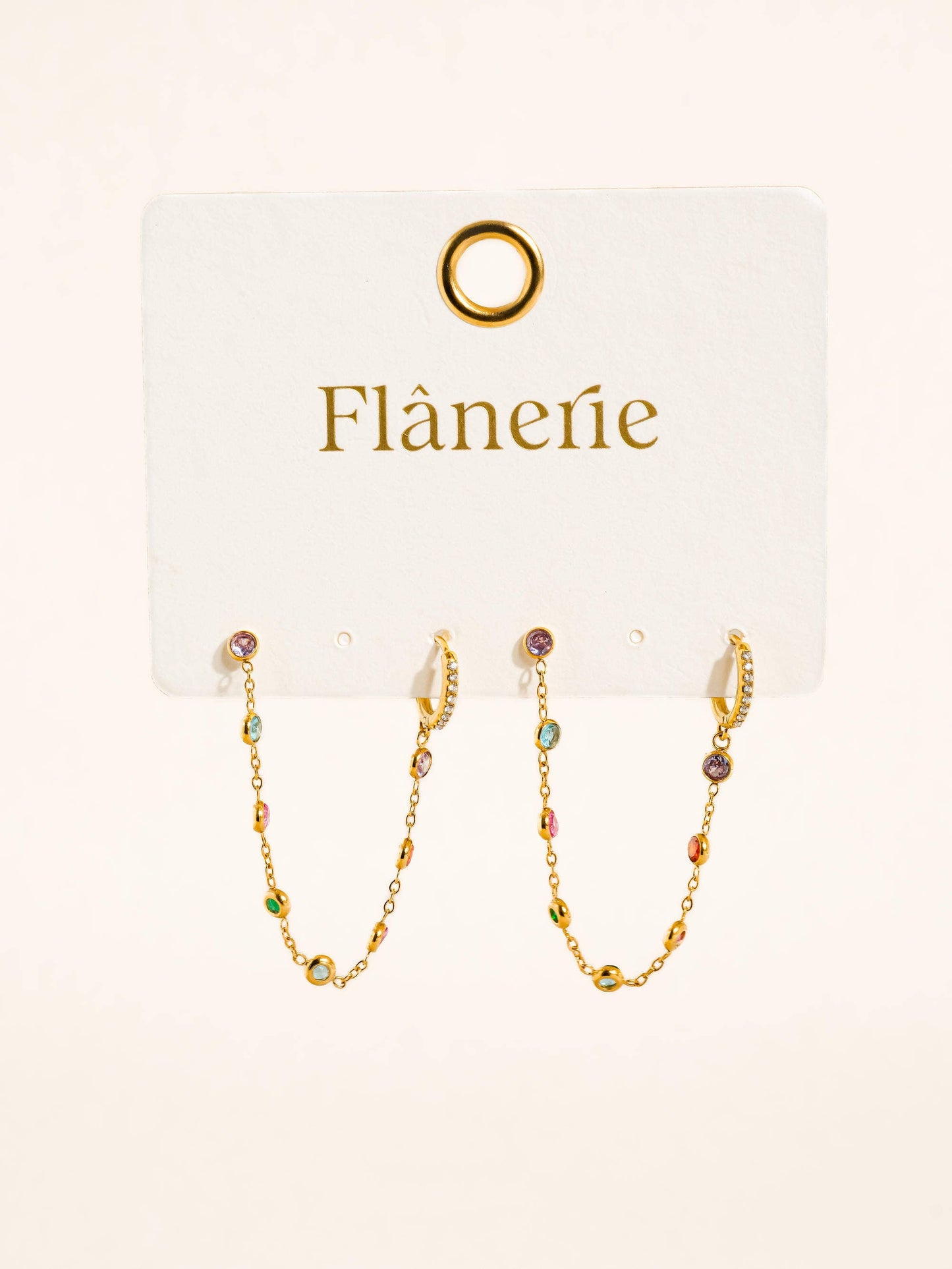 Daffira 18K Gold Non-Tarnish Crystal Chain Link Earrings: Multi-Colored
