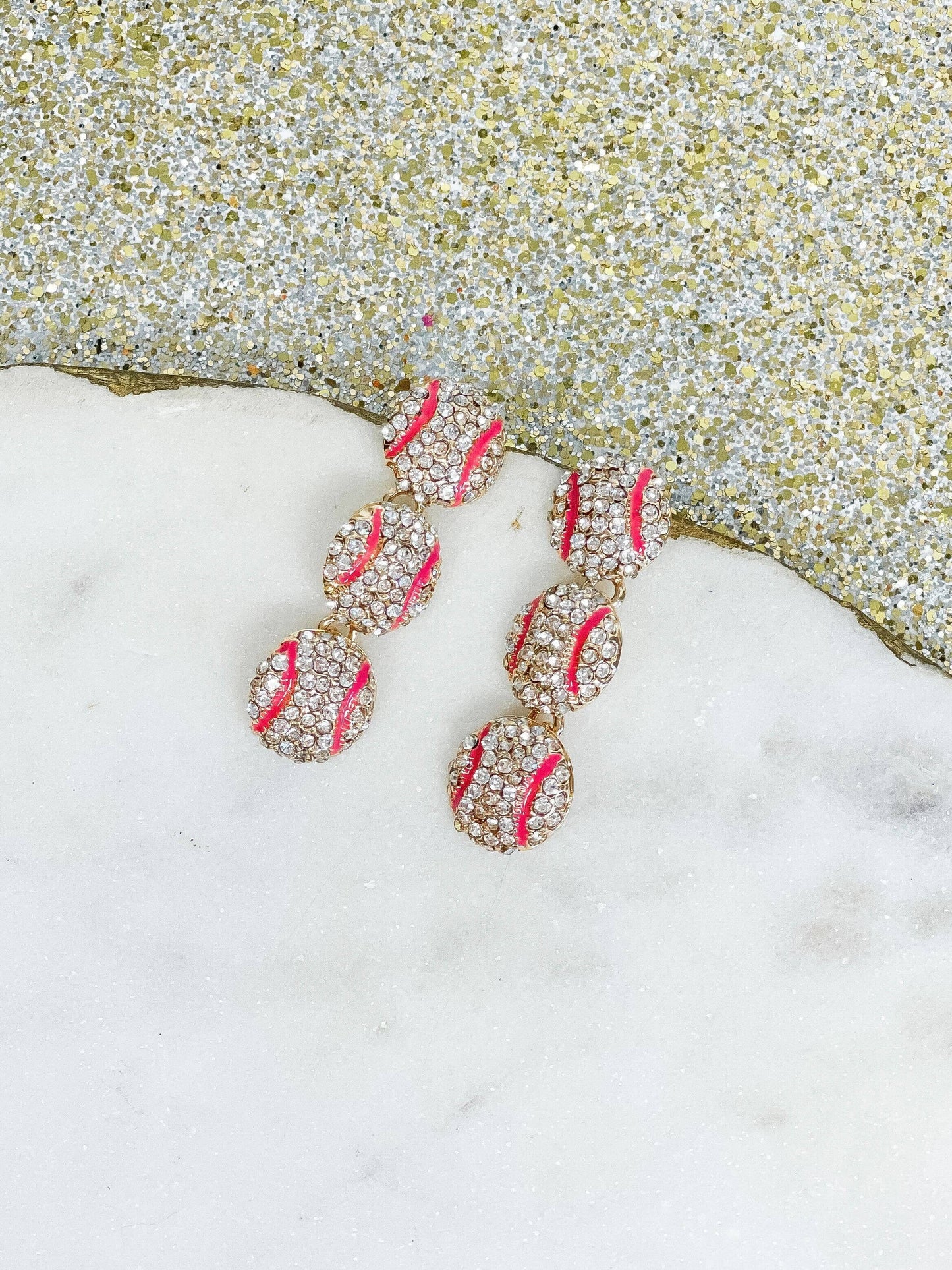 Sporty Rhinestone Trio Dangle Earrings - Baseball