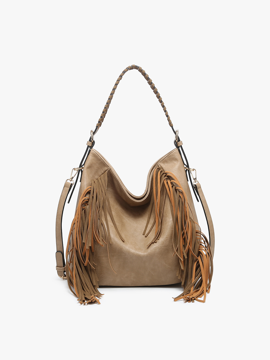 Sav Distressed Hobo Bag w/ Fringe Detail: Taupe