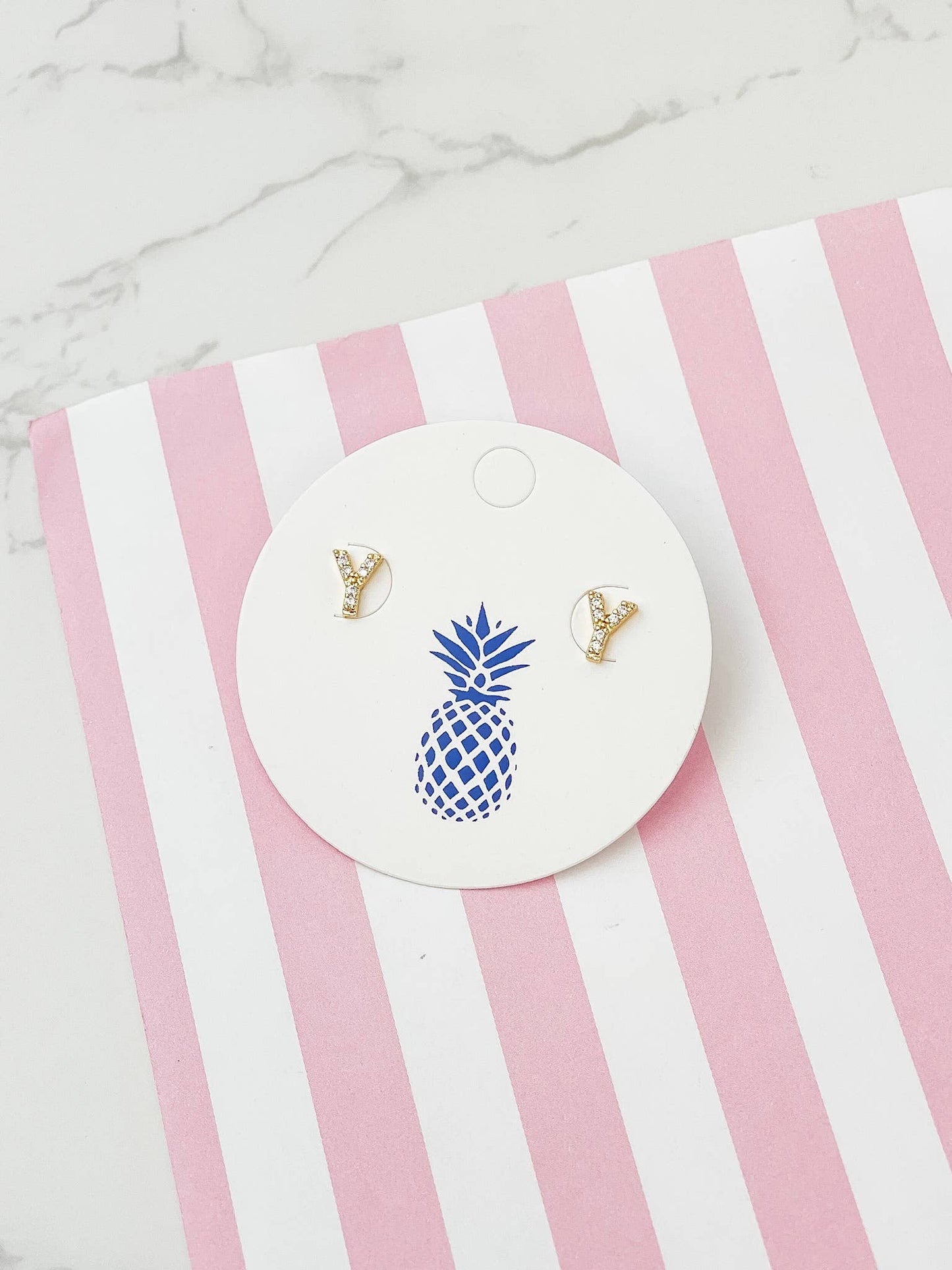 Cubic Zirconia Initial Stud Earrings- Gold: U