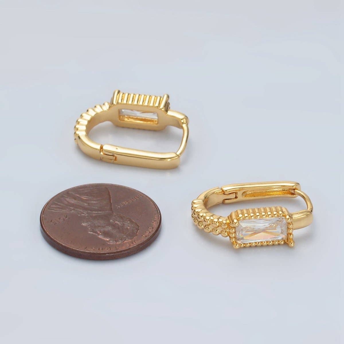 24K Gold Filled 18mm Baguette CZ Dotted Oblong Huggie Earrings | T093