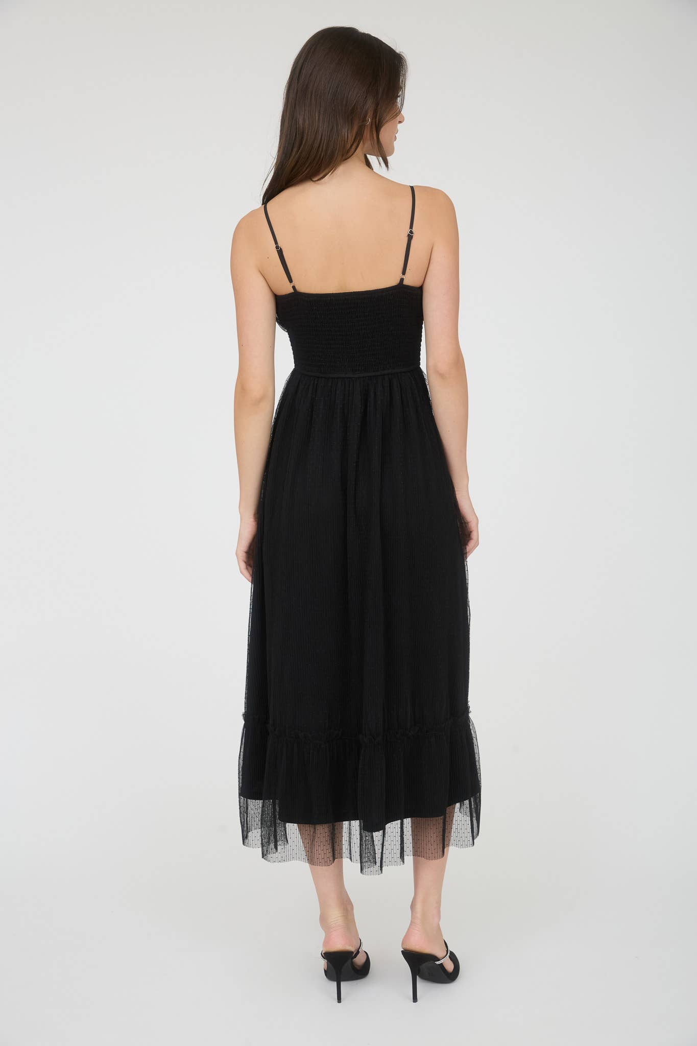 POLKA DOT TULLE SPAGHETTI STRAP MIDI DRESS: BURGUNDY