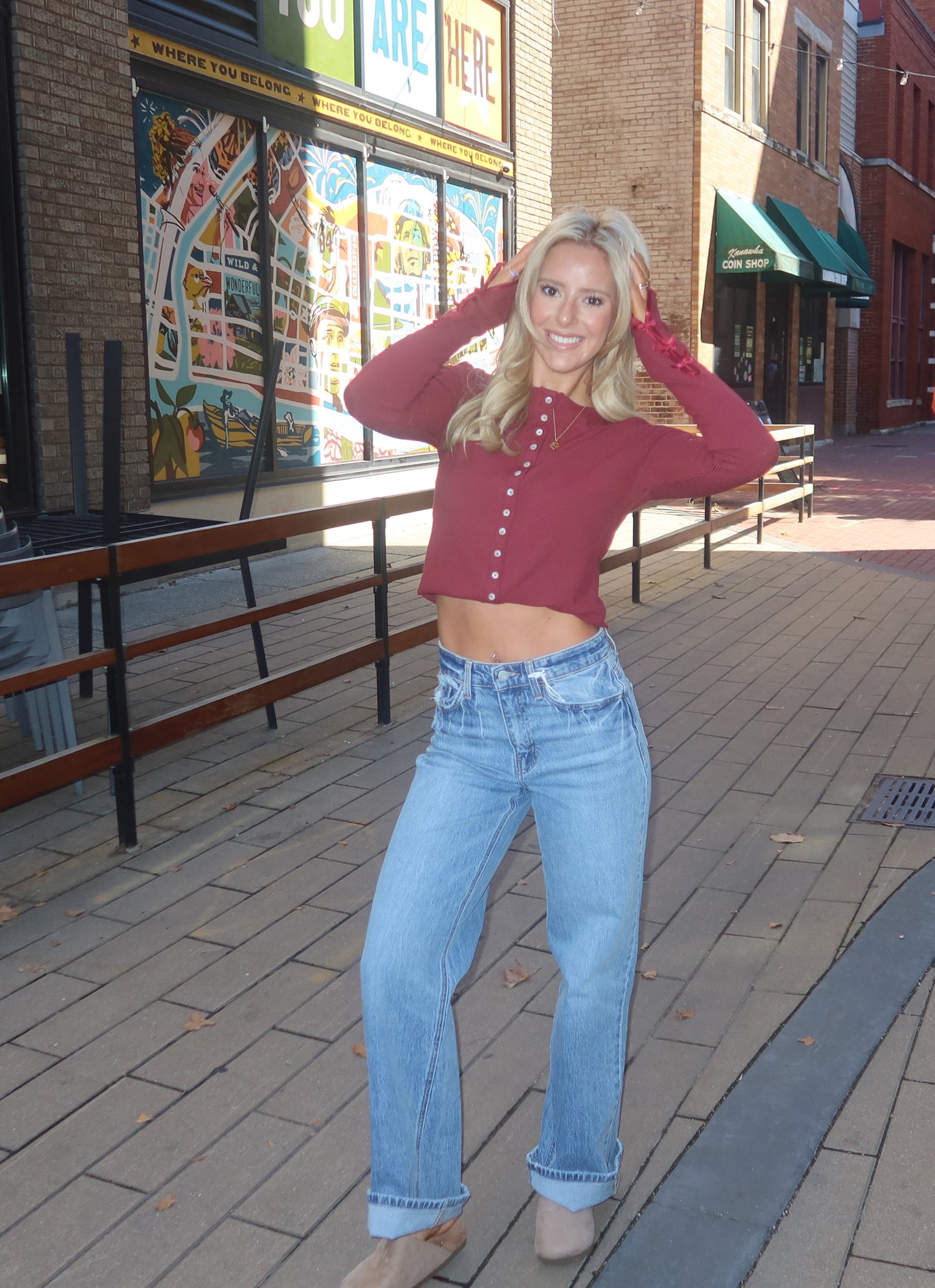 Wine Long Sleeve Button Down Top