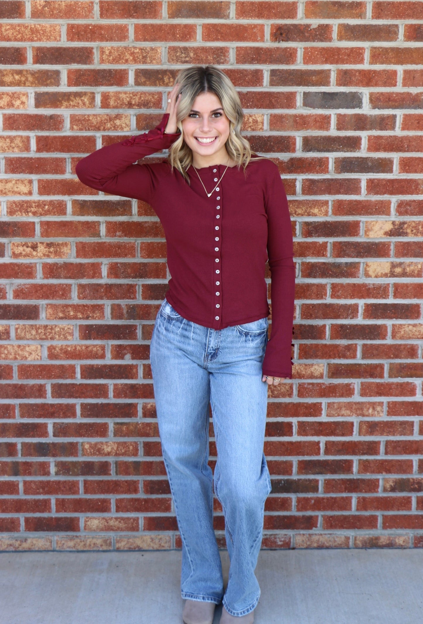 Wine Long Sleeve Button Down Top