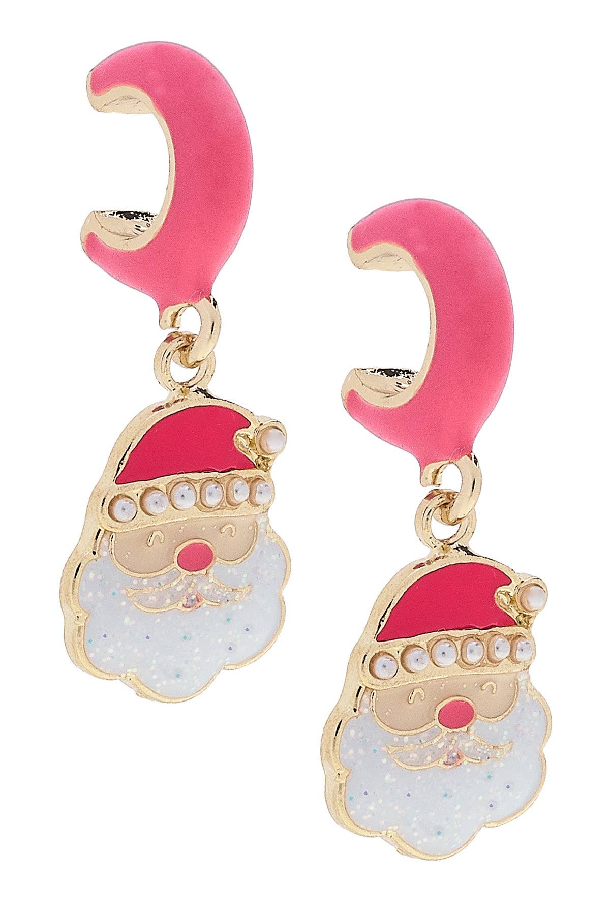 Pearl Studded Santa Face Huggie Hoop Earrings in Pink