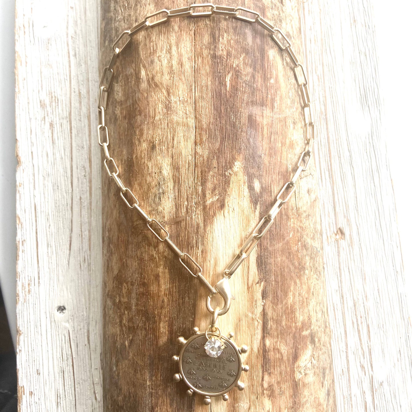 Matte Gold French Bee Coin Medallion Boutique Jewelry Kande: 20”