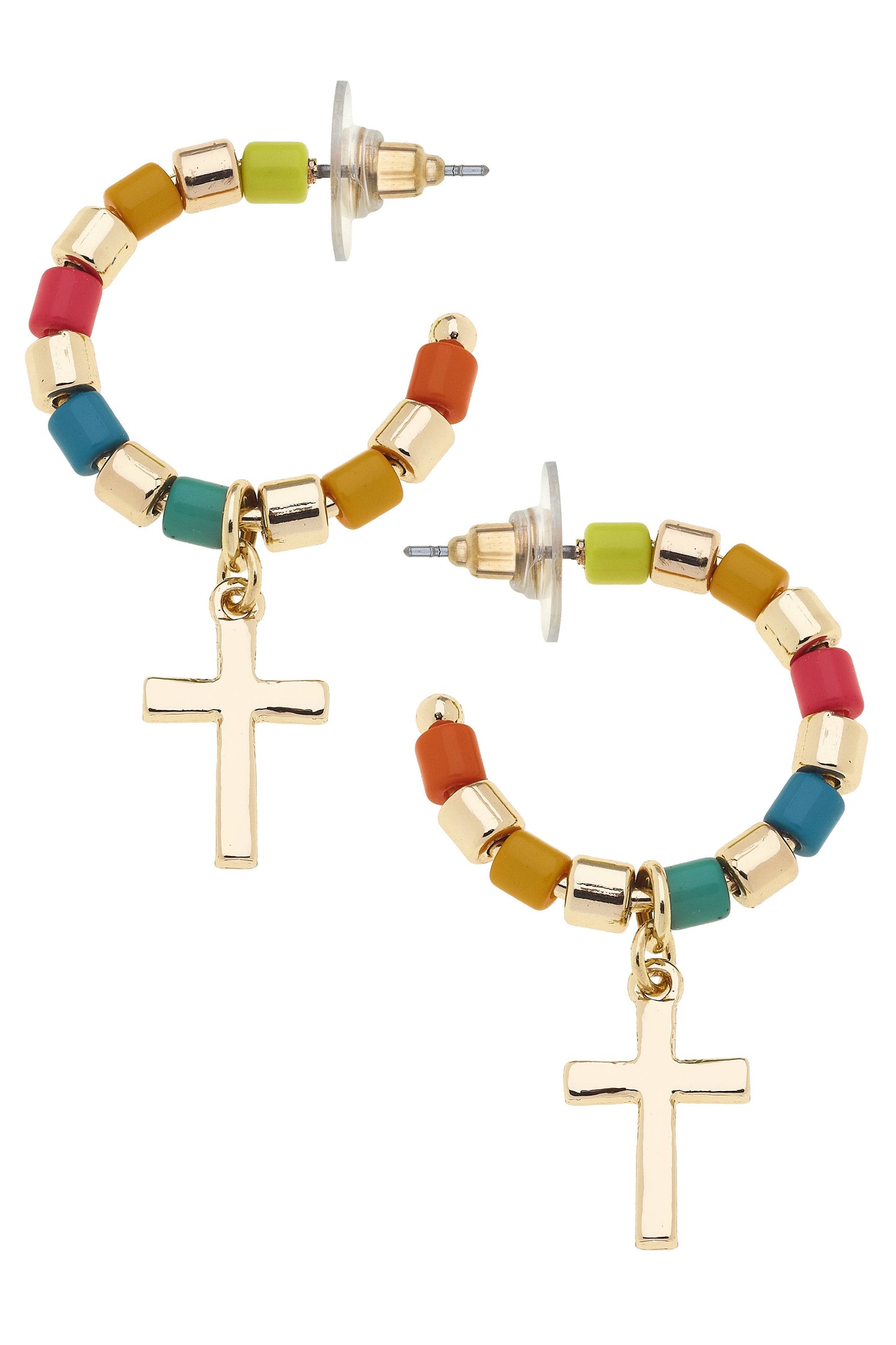 Elizabeth Enamel Tile Beaded Cross Drop Hoop Earrings