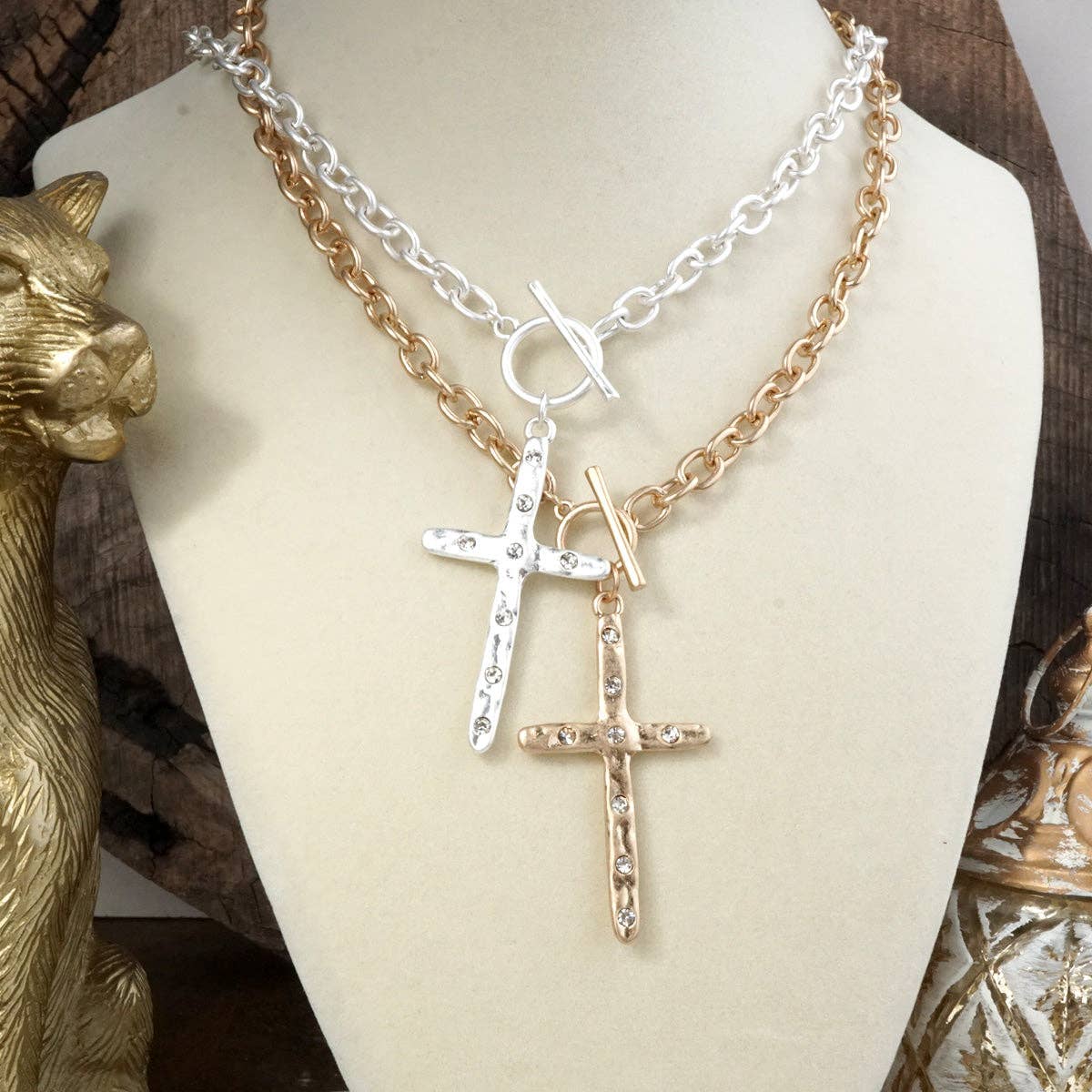 Divine Simplicity – Hammered Cross Front Toggle Necklace: Worn Gold Tone