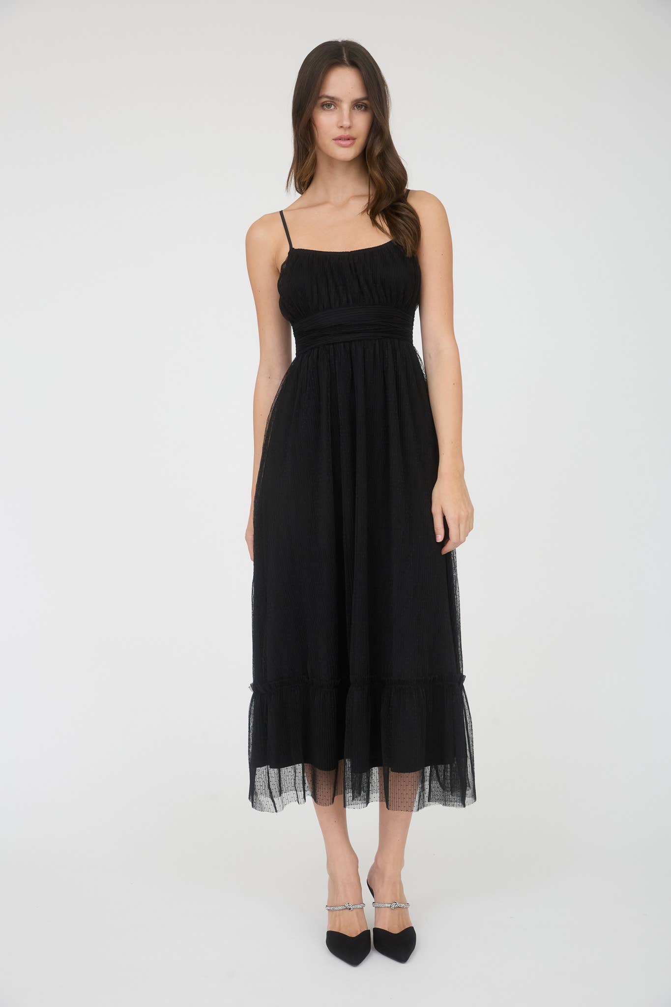 POLKA DOT TULLE SPAGHETTI STRAP MIDI DRESS: BURGUNDY