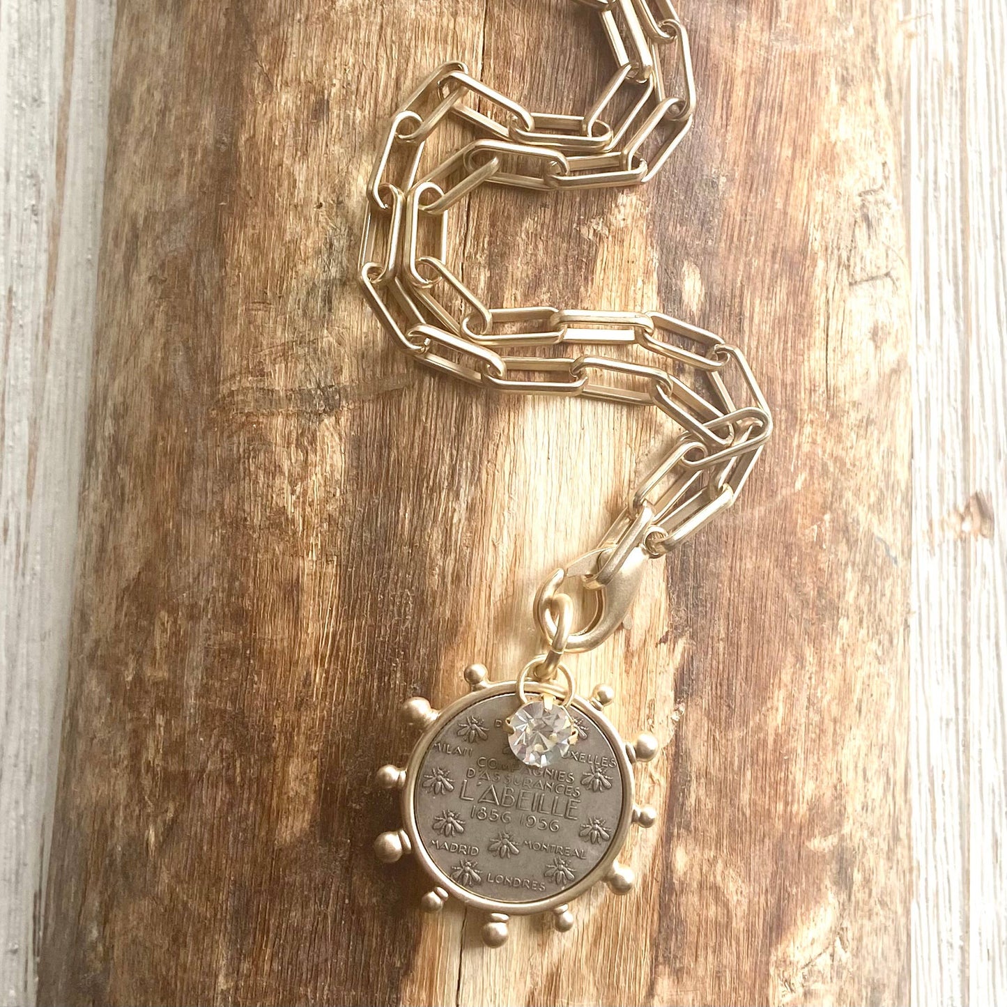 Matte Gold French Bee Coin Medallion Boutique Jewelry Kande: 20”