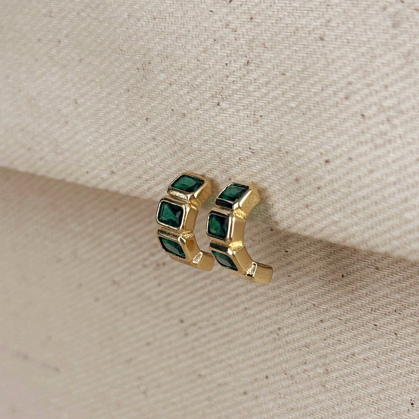 18k Gold Filled Chunky CZ Curve Earrings: Emerald
