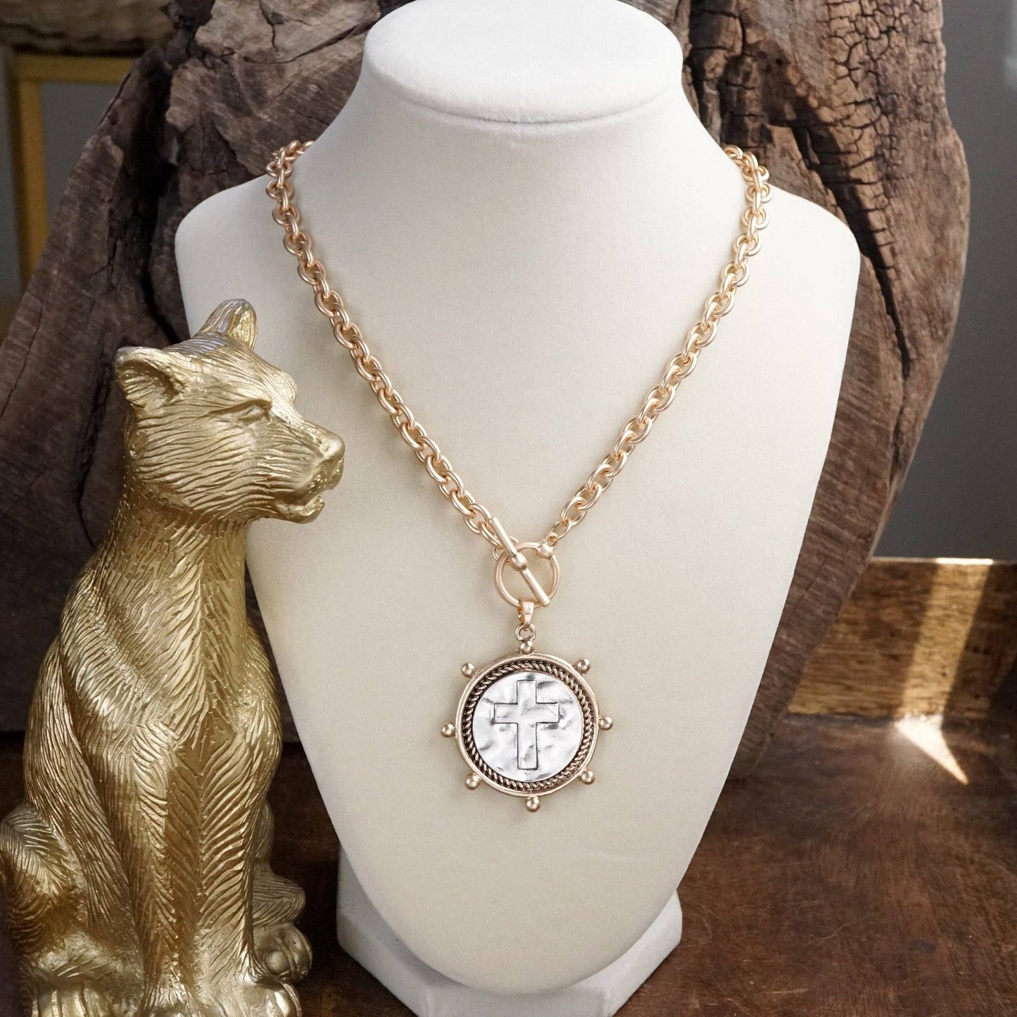 Cross Coin Chain Necklace with Front Toggle Closure – Silver or Gold Tone: Worn Gold Tone