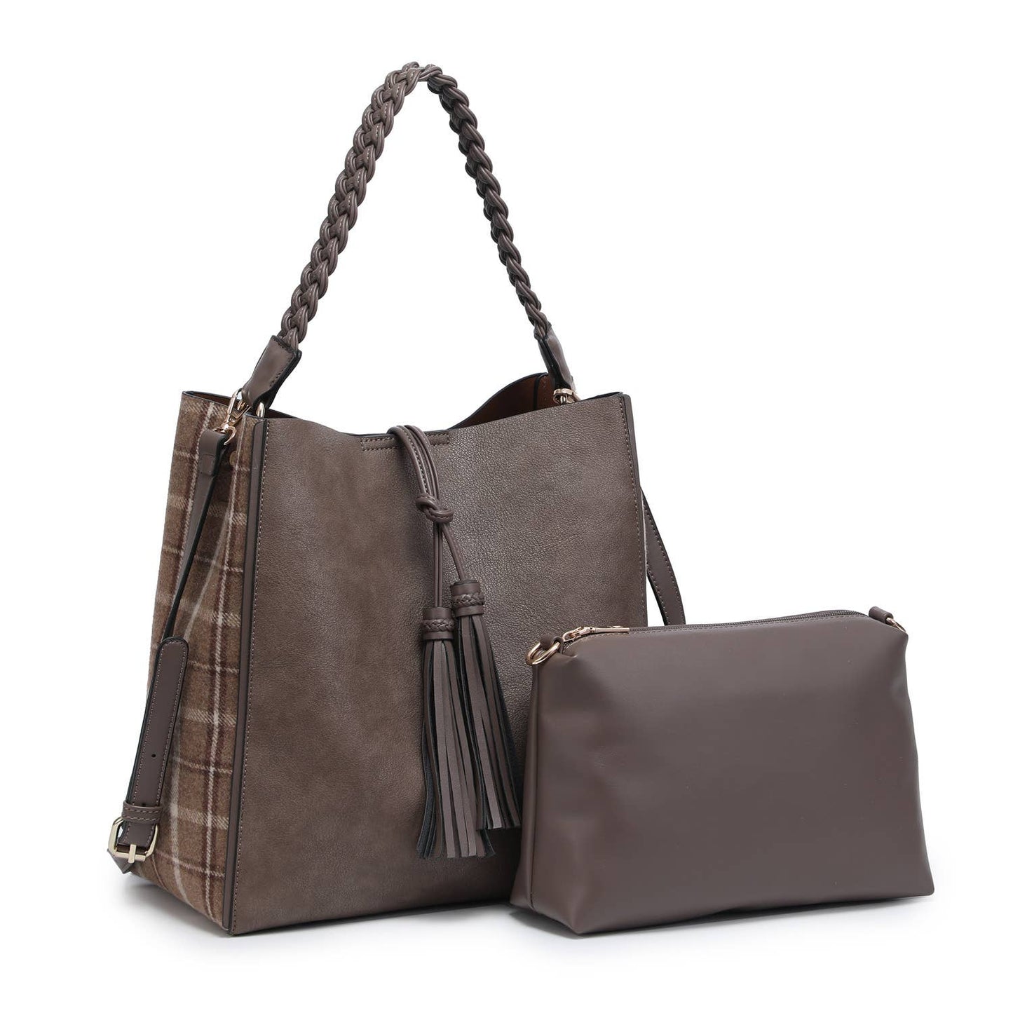 Dina Plaid Contrast Tote w/ Tassel (dark brown)