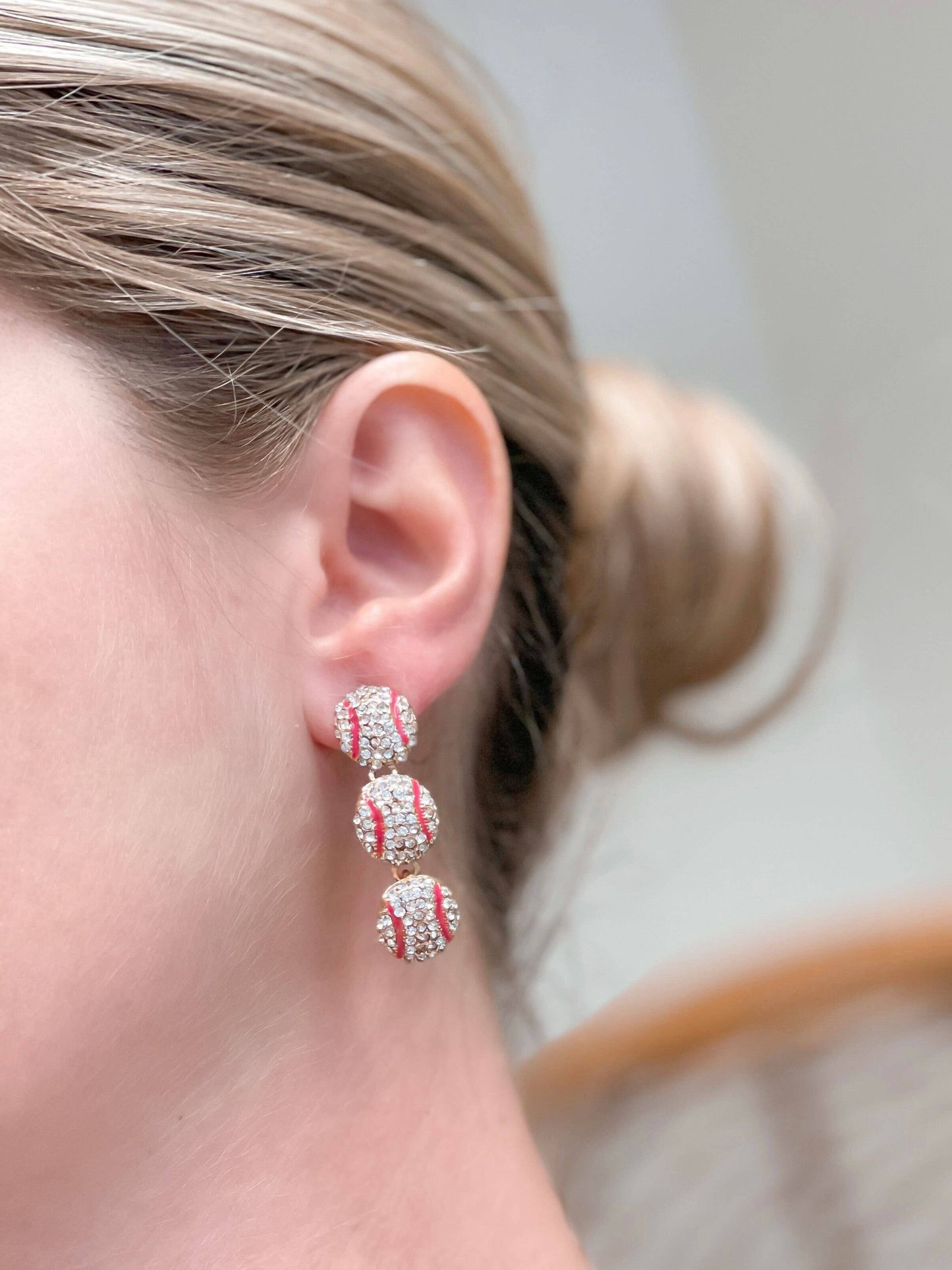 Sporty Rhinestone Trio Dangle Earrings - Baseball