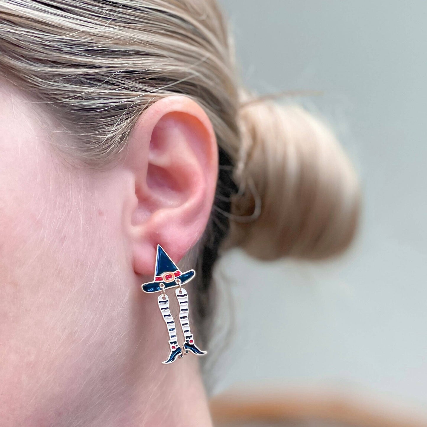 Witch Hat & Stocking Halloween Enamel Dangle Earrings