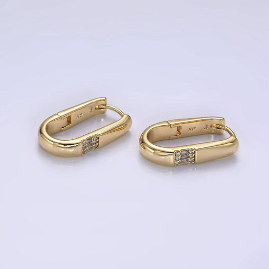 Oblong Triple Baguette Micro Paved CZ Hoop Earrings