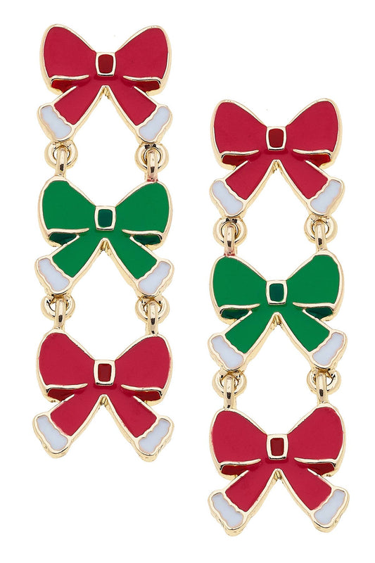 Linked Christmas Bow Earrings in Red/Green/White