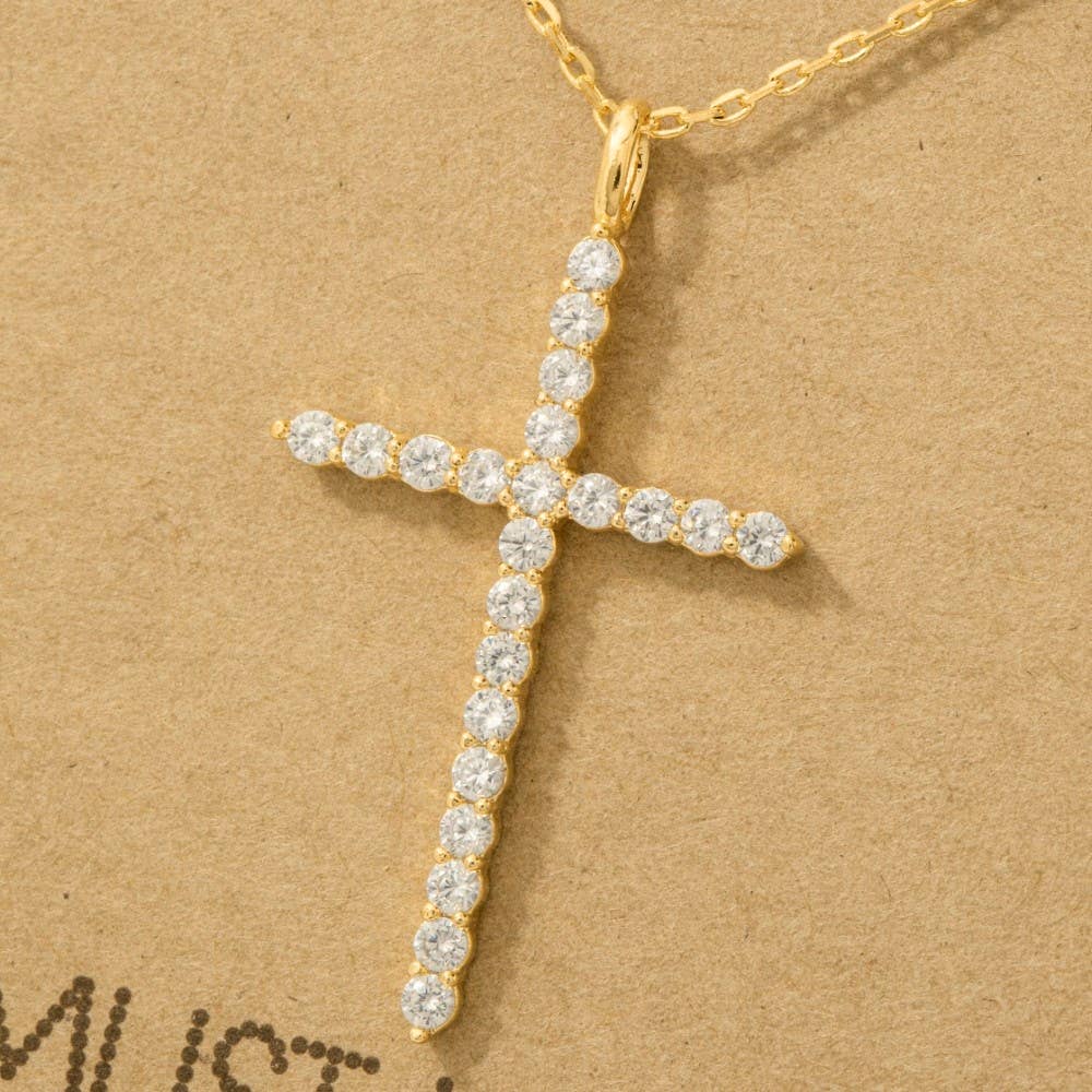 Gold Dipped Pave Cross Pendant Chain Necklace
