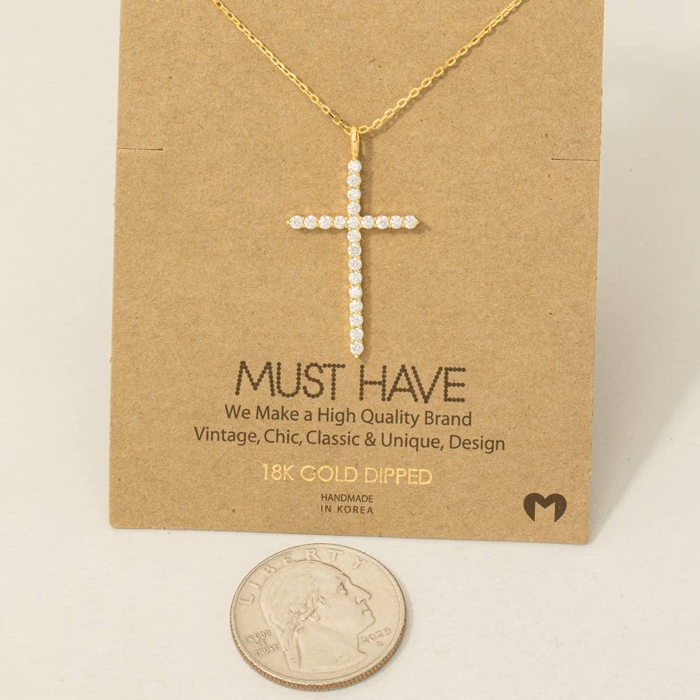 Gold Dipped Pave Cross Pendant Chain Necklace
