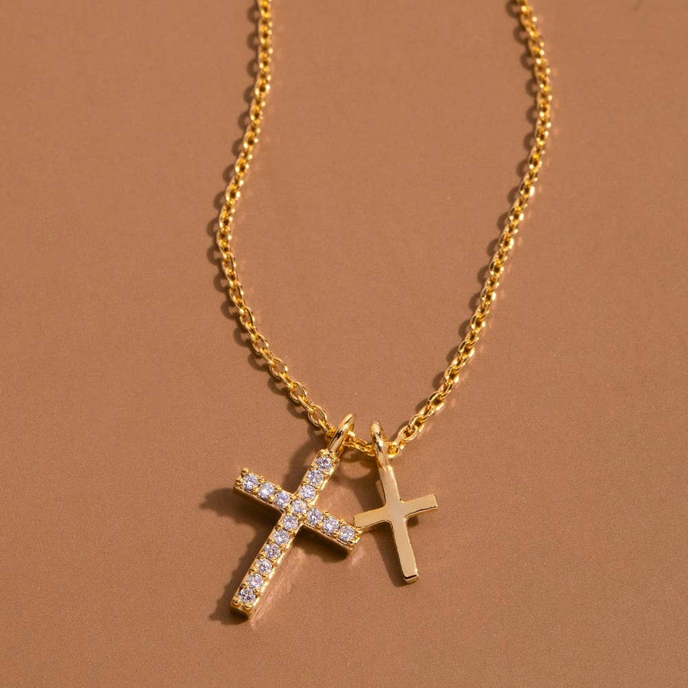 Cz Pave Double Cross Pendant Necklace: G