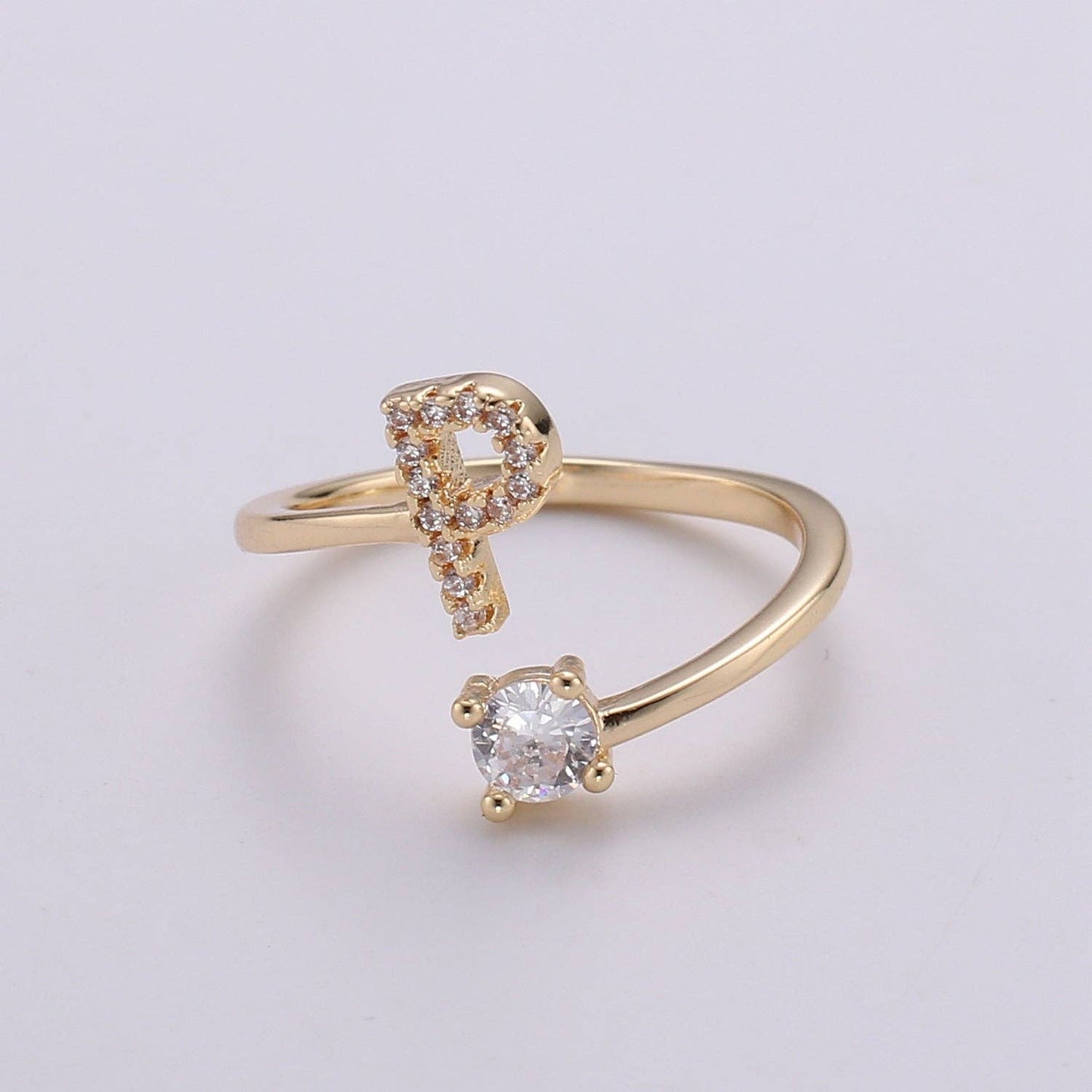 Adjustable Gold Initial Ring With CZ R370~R395: B