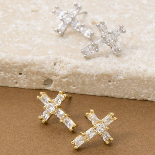 Gold Dipped Cz Baguettes Cross Stud Earrings: G
