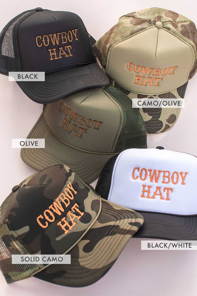 Cowboy Embroidery Trucker Hat Cap: Black/White