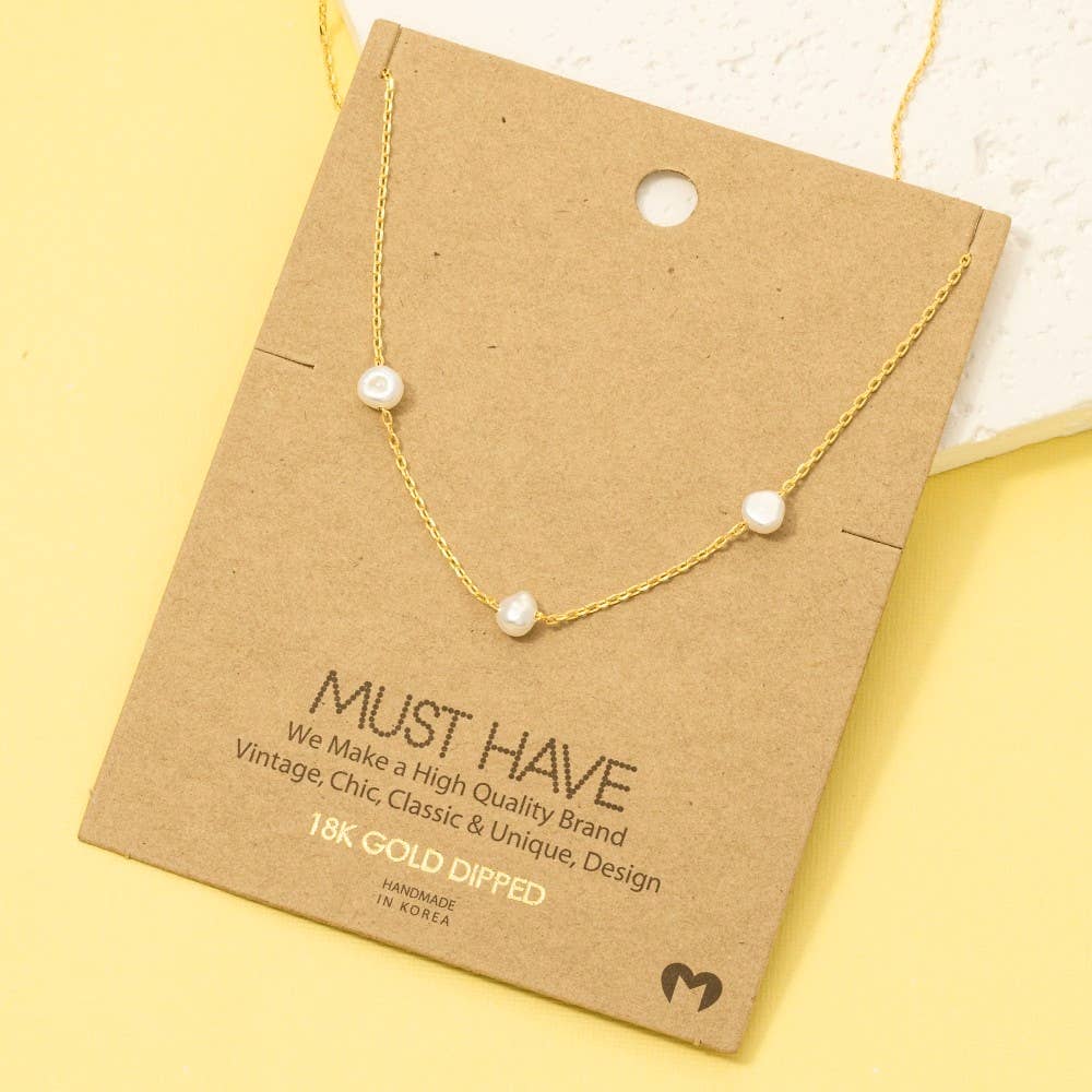 Gold Dipped Dainty Three Pearl Charm Necklace