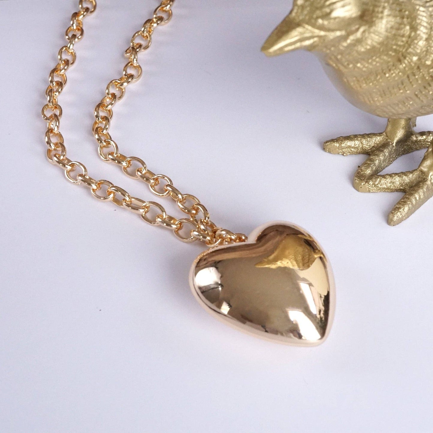 Long Minimal Chain Necklace with Puffy Heart – Gold or Silver Tone: Gold Tone