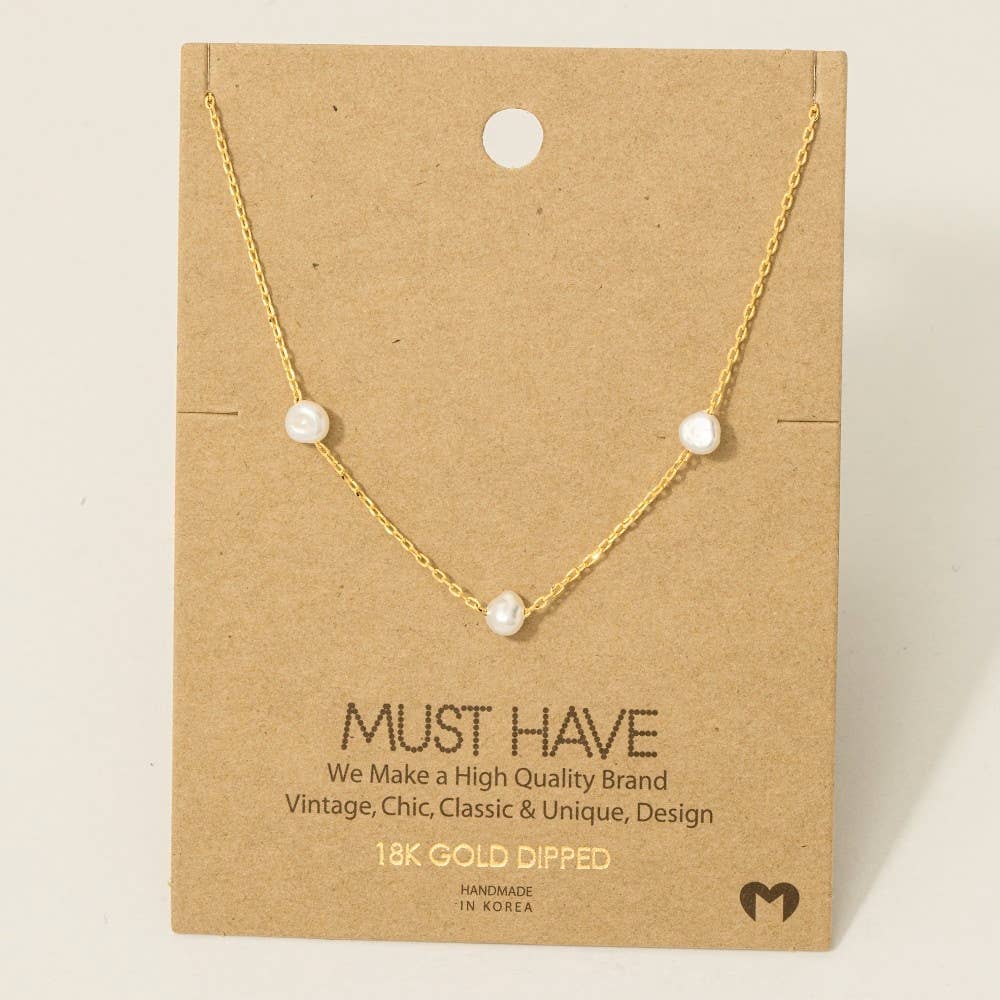 Gold Dipped Dainty Three Pearl Charm Necklace