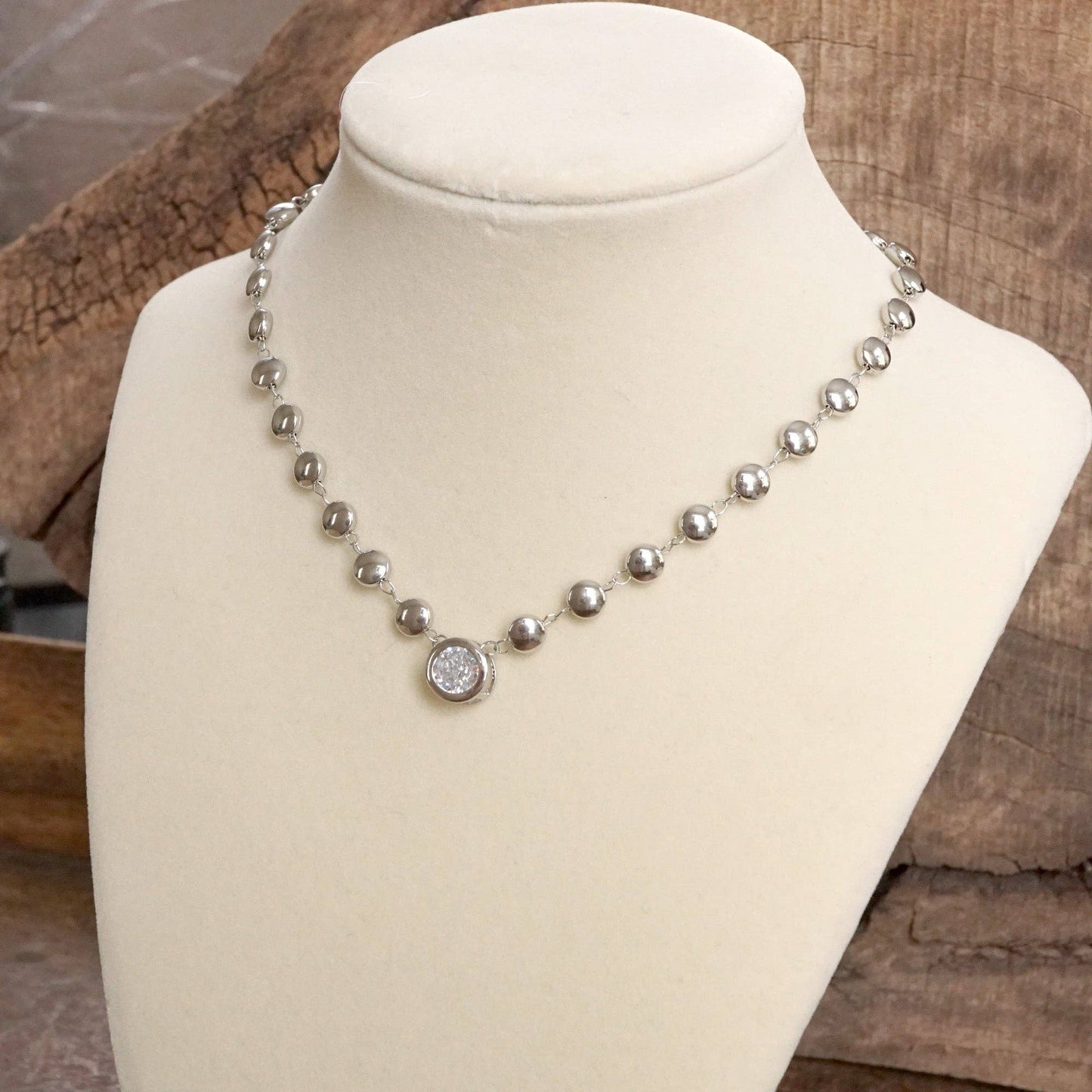 Clear Crystal Bezel Pendant Dot Chain Neckline Necklace: Gold Tone