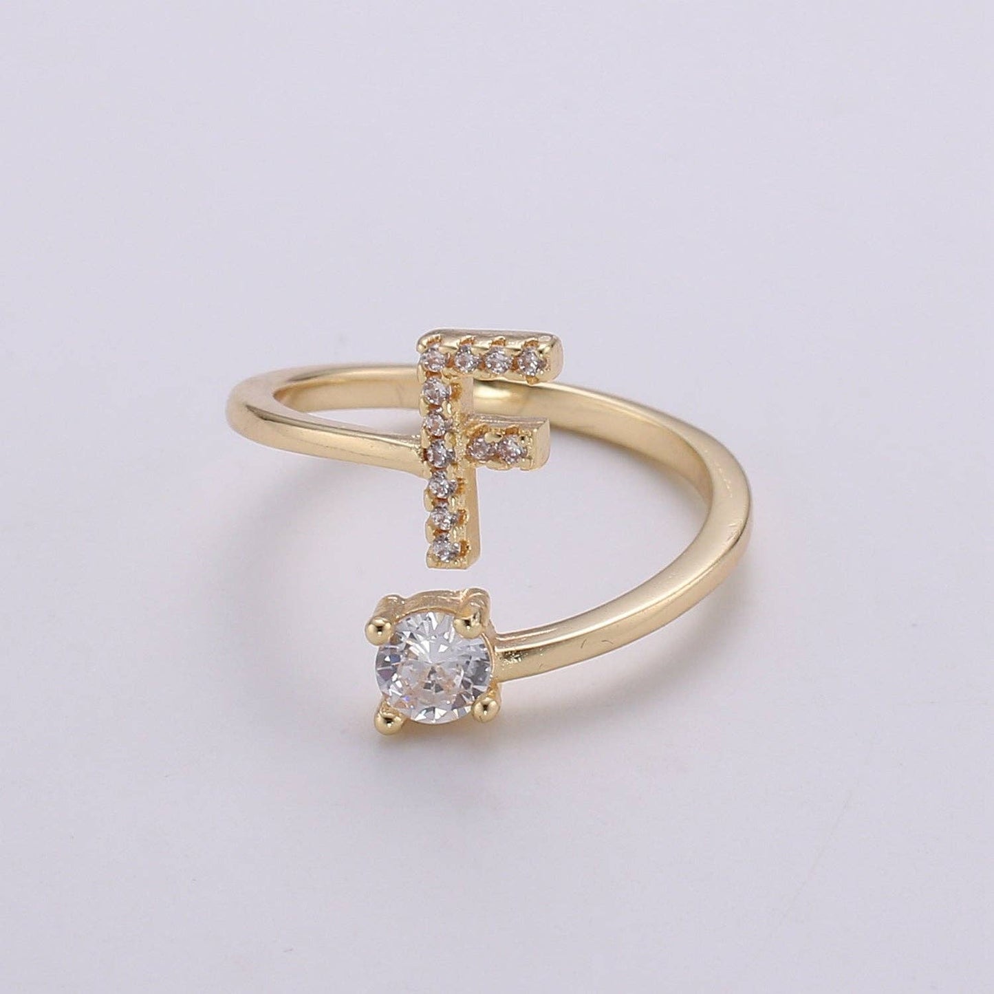 Adjustable Gold Initial Ring With CZ R370~R395: T