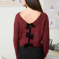 BACK VELVET BOW DETAIL KNIT PULLOVER SWEATER: BURGUNDY