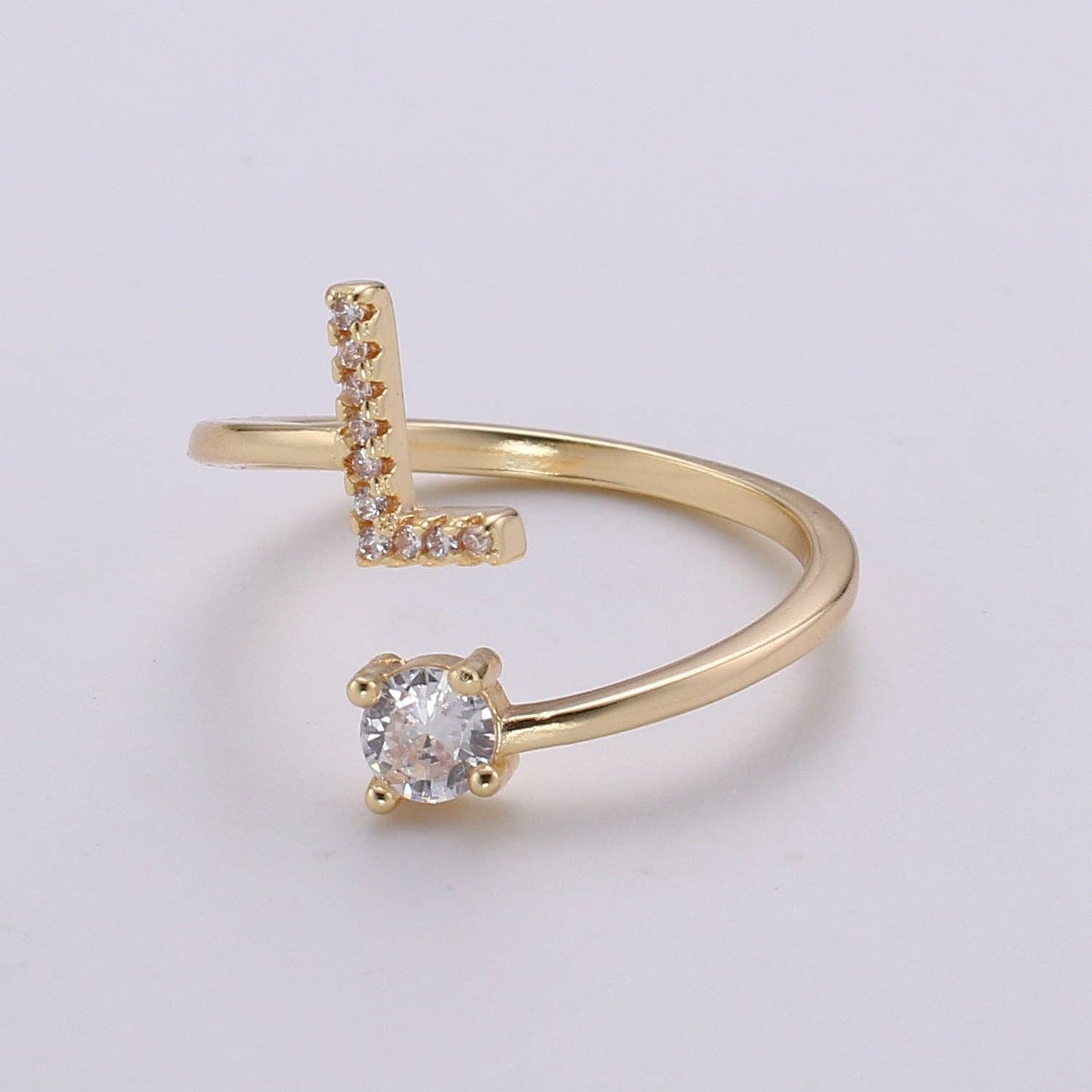 Adjustable Gold Initial Ring With CZ R370~R395: T