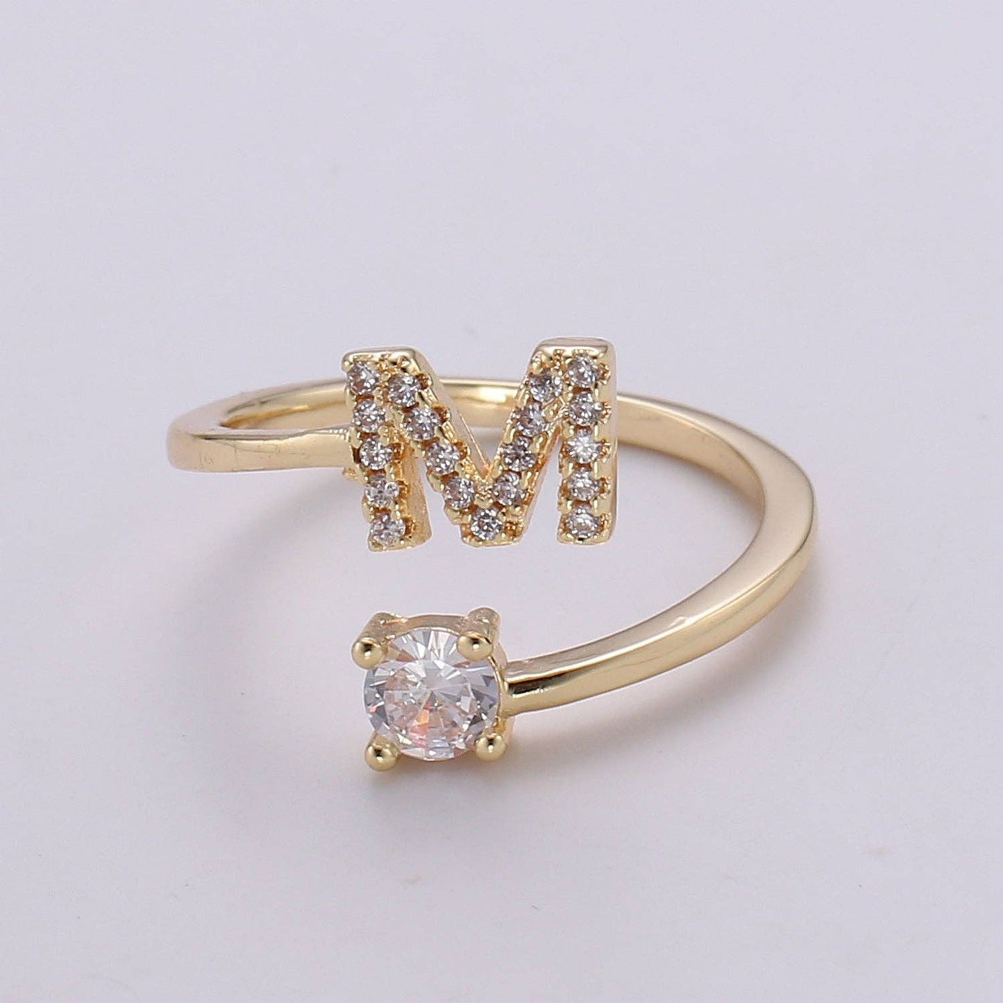 Adjustable Gold Initial Ring With CZ R370~R395: D