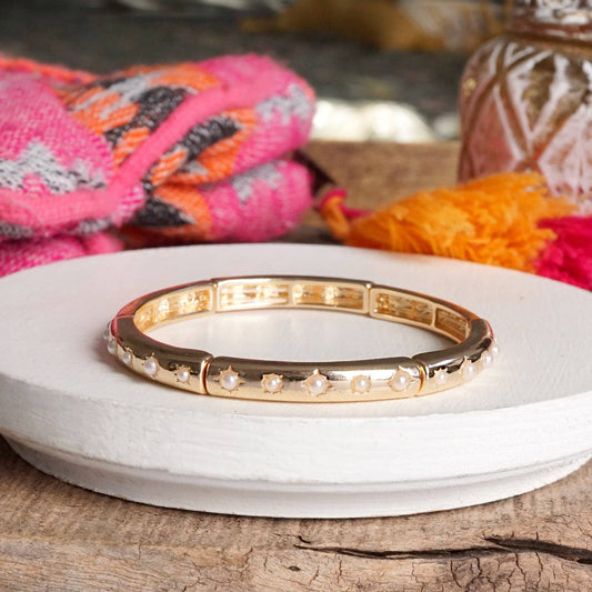 Gold-Tone Eternity Stretch Bangle – Pearls, Turquoise, or Crystals: Skinny - Pearls