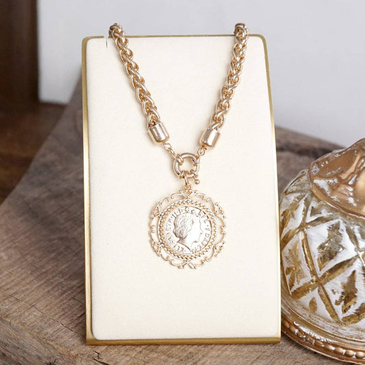 Heirloom Reverie – Ornate Coin Pendant Necklace: Worn Gold tone