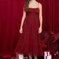 POLKA DOT TULLE SPAGHETTI STRAP MIDI DRESS: BURGUNDY