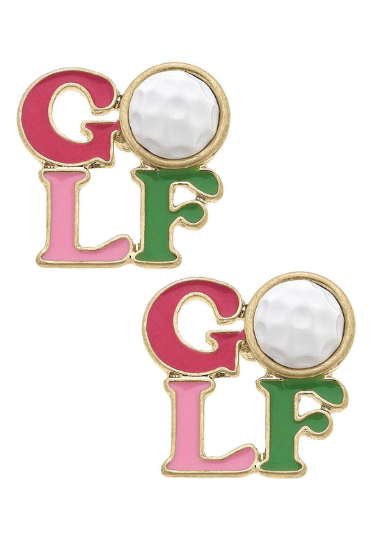 Golf Stacked Enamel Stud Earrings in Pink & Green