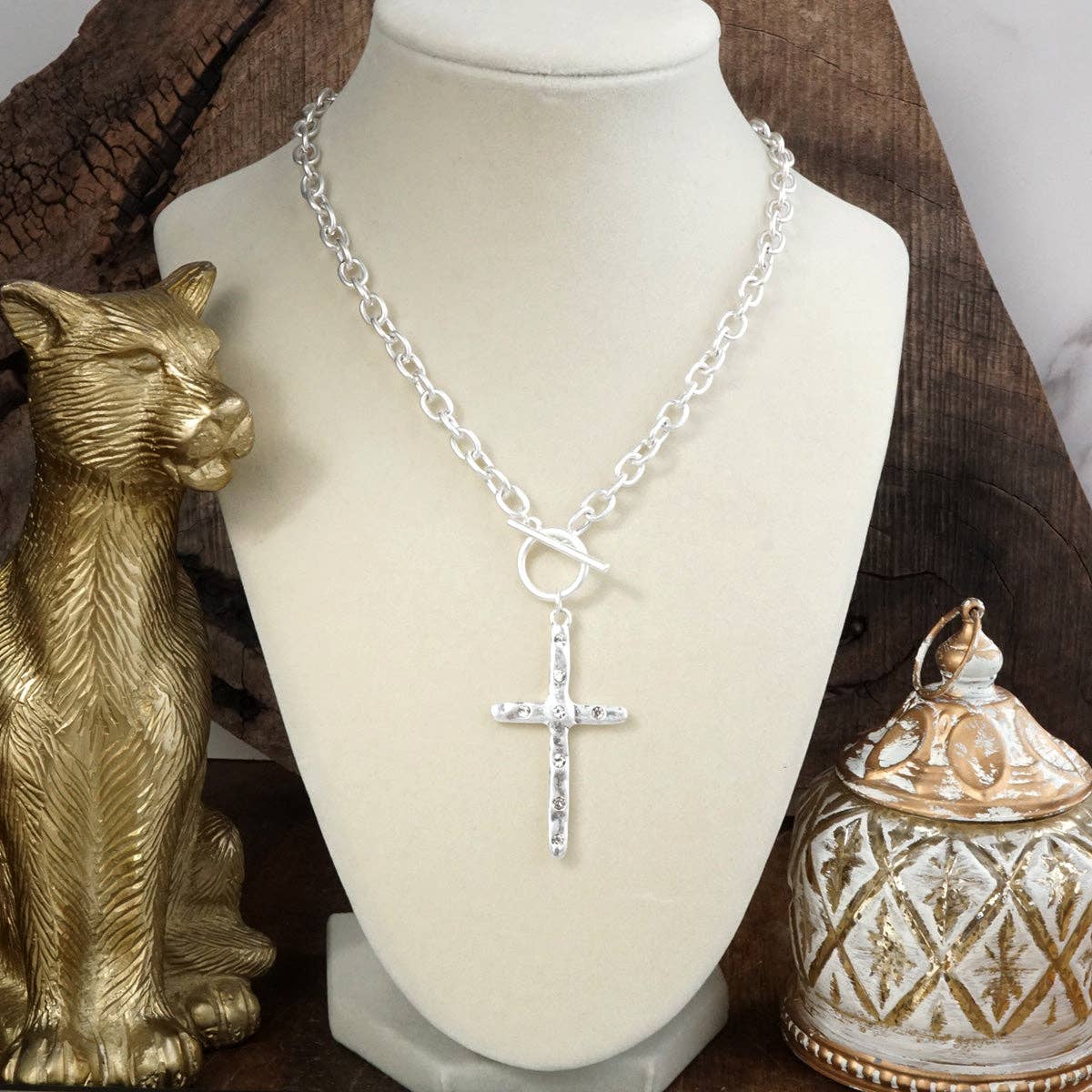 Divine Simplicity – Hammered Cross Front Toggle Necklace: Worn Silver Tone
