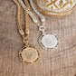 Heirloom Reverie – Ornate Coin Pendant Necklace: Worn Silver Tone